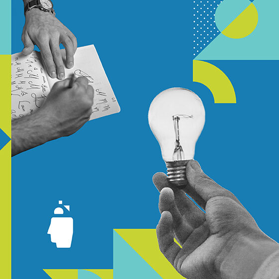 blue, green, and white background with geometric shapes and then a hand writing in a notebook. There is another hand holding a light bulb.